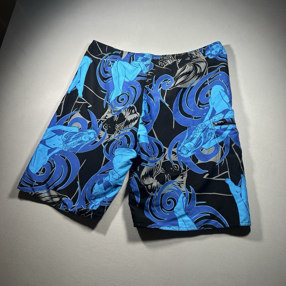 Hawaiian Island Creations Board Shorts Mens 38 Blue Graphic Tribal Print Y2K HIC - Picture 7 of 8